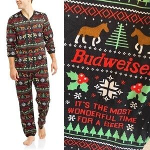 Budweiser Men's Ugly Holiday Christmas Union Suit Onesie Pajama Jumpsuit Large